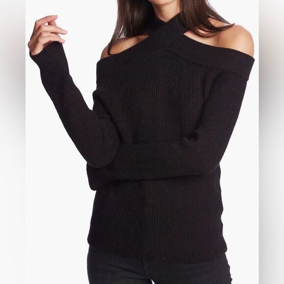 1.State Cross Neck Cold Shoulder Cotton Blend Sweater - Picture 1 of 4